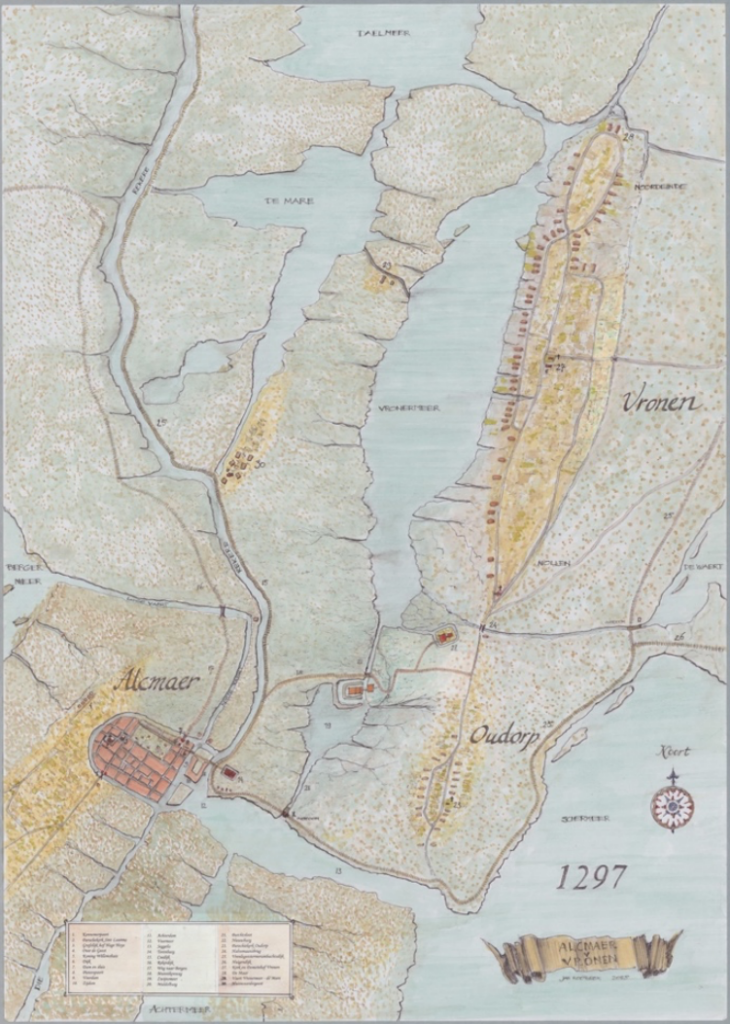 Voor Rotaryclub Alkmaar vervaardigde historische kaart overeenkomstig huidige locaties
