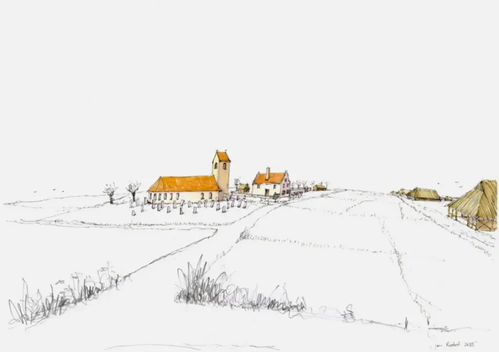 Zicht vanaf het noorden op de oude kerk en kerkhof van Vronen voor de verwoesting in 1297