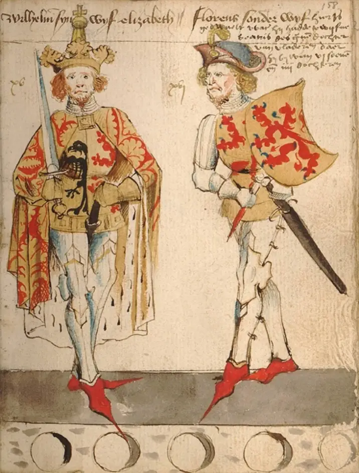 Willem II en Floris V, vader en zoon, fantasietekening gemaakt omstreeks 1450 Archief Libraiana Kennemerland